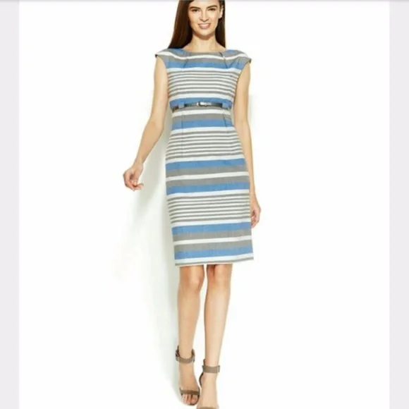 calvin klein blue striped dress Calvin Klein Gauze Striped Faux Wrap Women's Dress Blue : 14